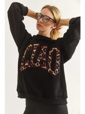 Juuuj Siyah Üç Iplik Kumaş Bisiklet Yaka Düşük Omuz Leopar Baskı Detaylı Uzun Kollu Sweatshirt