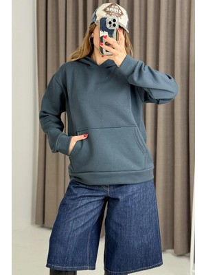 Juuuj Antrasit Üç Iplik Şardonlu Esnek Kumaş Kapişonlu Kanguru Cepli Rahat Form Sweatshirt