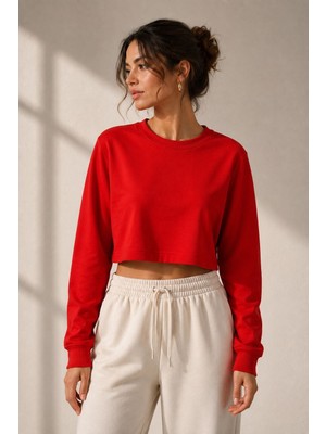 Juuuj Kırmızı Pamuklu Karışımlı Bisiklet Yaka Iki Iplik Uzun Kollu Crop Form Sweatshirt