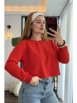 Juuuj Kırmızı Pamuklu Karışımlı Bisiklet Yaka Uzun Kollu Rahat Kesim Kısa Crop Sweatshirt