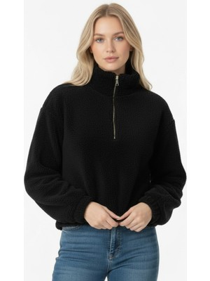 Juuuj Siyah Pamuklu Karışımlı Yarım Fermuarlı Dik Yaka Uzun Kollu Altı Büzgülü Sweatshirt