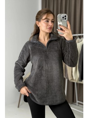 Juuuj Antrasit Welsoft Peluş Yarım Fermuarlı Dik Yaka Reglan Kollu Rahat Kesim Sweatshirt