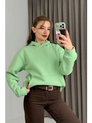 Juuuj Su Yeşili Üç Iplik Şardonlu Kumaş Kapişonlu Yaka Kanguru Cepli Rahat Kesim Sweatshirt
