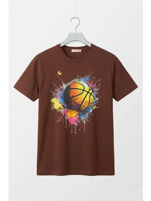 Juuuj Kahverengi Pamuklu Dokulu Bisiklet Yaka Kısa Kollu Rahat Form Basketbol Grafik Baskılı Tişört