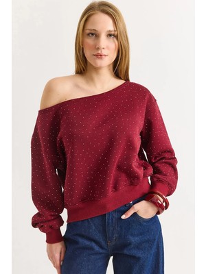 Juuuj Bordo Üç Iplik Şardonlu Kayık Yaka Serpme Taşlı Detaylı Manşetli Rahat Form Sweatshirt