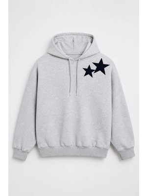 Juuuj Gri Pamuklu Kumaş Kapüşonlu Yaka Uzun Kollu Oversize Yıldız Baskılı Detaylı Sweatshirt