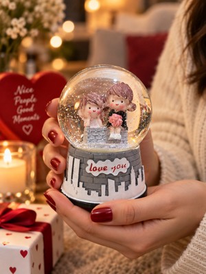 Biton Toptan Işıklı Kar Küresi 9 cm Romantik Çift Figürlü Love You Kar Küresi Sevgiliye Hediye Dekoratif Biblo