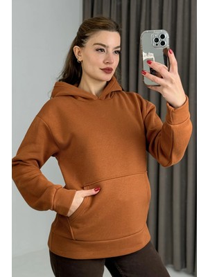 Juuuj Kiremit Üç Iplik Şardonlu Esnek Dokulu Kanguru Cepli Kapüşonlu Uzun Kollu Sweatshirt
