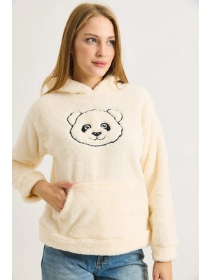 Juuuj Ekru Pamuklu Peluş Dokulu Kapüşonlu Yaka Nakış Işlemeli Kanguru Cepli Sweatshirt