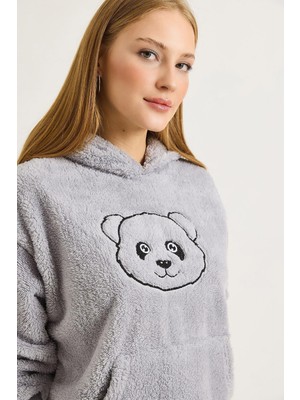 Juuuj Gri Pamuklu Peluş Dokulu Kapüşonlu Yaka Nakış Işlemeli Kanguru Cepli Sweatshirt