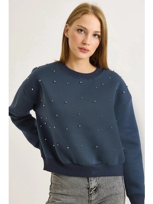 Juuuj Füme Üç Iplik Kumaş Bisiklet Yaka Rahat Kesim Gümüş Taş Işlemeli Ribanalı Sweatshirt