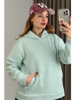 Juuuj Mavi Üç Iplik Şardonlu Esnek Kumaş Kapüşonlu Kanguru Cepli Rahat Kesim Sweatshirt