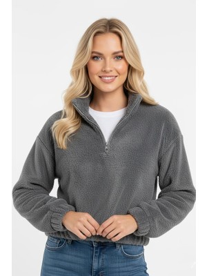Juuuj Füme Pamuklu Karışım Yarım Fermuarlı Düşük Omuz Altı Büzgülü Rahat Kesim Sweatshirt
