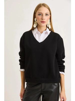 Juuuj Siyah Üç Iplik Şardonlu Gömlek Yaka Uzun Kollu Ribana Detaylı Rahat Kesim Sweatshirt