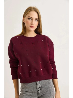 Juuuj Bordo Üç Iplik Kumaş Bisiklet Yaka Düşük Omuz Taş Işlemeli Ribana Detaylı Sweatshirt