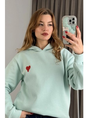 Juuuj Mavi Üç Iplik Şardonlu Kapişonlu Kanguru Cepli Kalp Nakışlı Uzun Kollu Sweatshirt