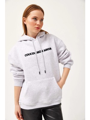 Juuuj Gri Pamuklu Karışım Kapüşonlu Düşük Omuz Oversize Kanguru Cepli Sweatshirt