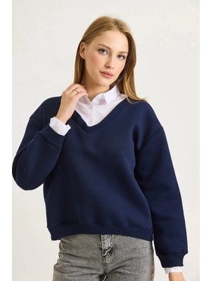 Juuuj Lacivert Üç Iplik Şardonlu Gömlek Yaka Rahat Kesim Ribana Detaylı Uzun Kollu Sweatshirt
