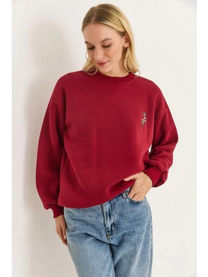 Juuuj Bordo Üç Iplik Şardonlu Dokuma Kumaş Bisiklet Yaka Straight Kesim Geyik Nakışlı Sweatshirt