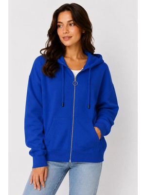 Juuuj Lacivert Pamuklu Karışımlı Kapüşonlu Yaka Uzun Kollu Fermuar Detaylı Cepli Sweatshirt