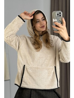 Juuuj Ekru Bej Welsoft Kumaş Kapüşonlu Yaka Uzun Kollu Şerit Detaylı Kanguru Cepli Sweatshirt