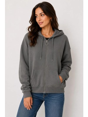 Juuuj Antrasit Pamuklu Kapüşonlu Yaka Uzun Kollu Fermuar Detaylı Kanguru Cepli Sweatshirt