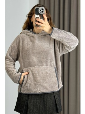 Juuuj Ekru Füme Welsoft Yumuşak Dokulu Kapüşonlu Yaka Kanguru Cepli Şerit Detaylı Sweatshirt