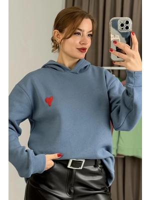 Juuuj Indigo Üç Iplik Şardonlu Yumuşak Dokulu Düşük Omuz Kalp Nakışlı Kapüşonlu Sweatshirt