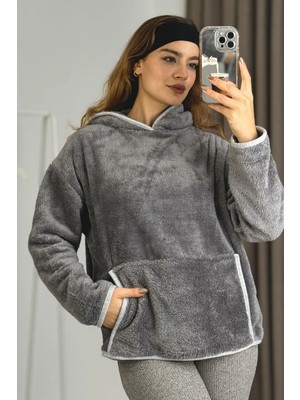 Juuuj Gri Welsoft Yumuşak Dokulu Kapüşonlu Yaka Kanguru Cepli Ekru Şerit Detaylı Sweatshirt