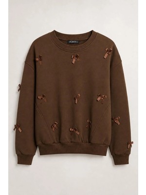 Juuuj Kahverengi Üç Iplik Şardonlu Bisiklet Yaka Rahat Kesim Kurdele Detaylı Sweatshirt