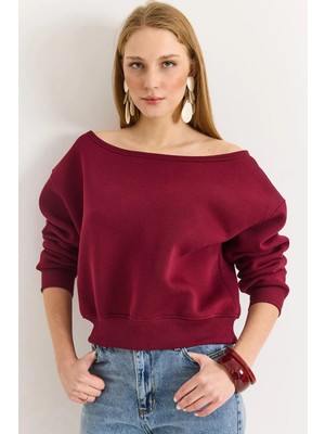 Juuuj Bordo Üç Iplik Şardonlu Kayık Yaka Uzun Kollu Ribana Detaylı Rahat Kesim Sweatshirt