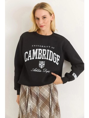 Juuuj Siyah Dokuma Üç Iplik Şardonlu Bisiklet Yaka Regular Kalıp Baskı Detaylı Sweatshirt
