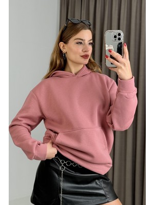 Juuuj Pembe Üç Iplik Şardonlu Uzun Kollu Rahat Kalıp Kanguru Cepli Kapüşonlu Sweatshirt