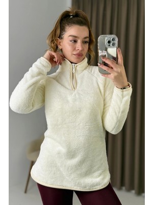 Juuuj Ekru Welsoft Peluş Kumaş Yarım Fermuarlı Dik Yaka Uzun Kollu Rahat Form Sweatshirt