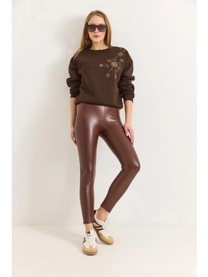 Juuuj Kahverengi Üç Iplik Kumaş Bisiklet Yaka Düşük Omuz Boncuk Işlemeli Detaylı Sweatshirt