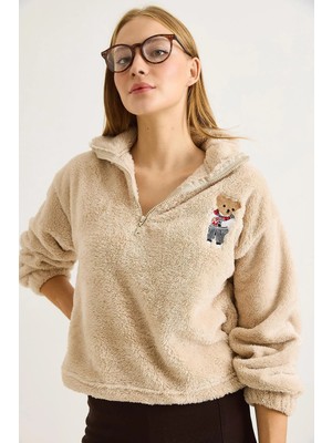 Juuuj Vizon Welsoft Yumuşak Dokulu Yarım Fermuar Detaylı Göğüs Nakışlı Uzun Kollu Sweatshirt