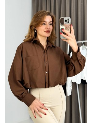Juuuj Kahverengi Pamuklu Kumaş Gömlek Yaka Balon Kol Düğmeli Crop Form Cepli Dokuma Gömlek