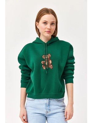 Juuuj Yeşil Pamuklu Karışımlı Kapüşonlu Yaka Düşük Omuz Üç Iplik Nakış Detaylı Sweatshirt