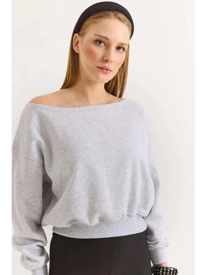 Juuuj Gri Üç Iplik Şardonlu Kayık Yaka Beyaz Serpme Taşlı Düşük Omuz Sweatshirt
