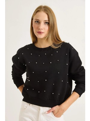 Juuuj Siyah Üç Iplik Kumaş Bisiklet Yaka Rahat Kesim Taş Detaylı Uzun Kollu Sweatshirt