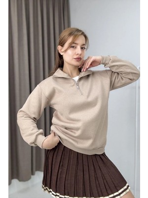 Juuuj Bej Üç Iplik Kumaş Yarım Fermuar Yakalı Düşük Omuz Manşetli Rahat Kesim Sweatshirt