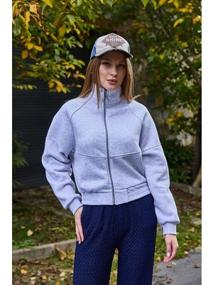 Juuuj Gri Örme Dik Yaka Reglan Kollu Rahat Kesim Fermuarlı Dikiş Detaylı Sweatshirt