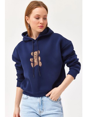 Juuuj Lacivert Pamuklu Karışımlı Kapüşonlu Yaka Uzun Kollu Üç Iplik Nakış Detaylı Sweatshirt