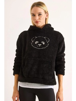 Juuuj Siyah Pamuk Karışımlı Peluş Dokulu Kapüşonlu Yaka Nakış Işlemeli Kanguru Cepli Sweatshirt