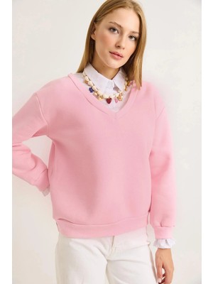 Juuuj Pembe Üç Iplik Şardonlu Gömlek Yaka Rahat Kesim Ribana Detaylı Uzun Kollu Sweatshirt