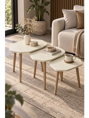 Sulorahome Ekru 3'lü Geometrik Zigon Sehpa Seti