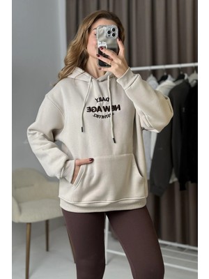 Juuuj Bej Pamuklu Karışımlı Kapüşonlu Düşük Omuz Oversize Kanguru Cepli Sweatshirt