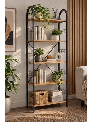 Sulorahome Metal Kitaplık Atlantik Çam Desenli 180 cm 5 Raflı