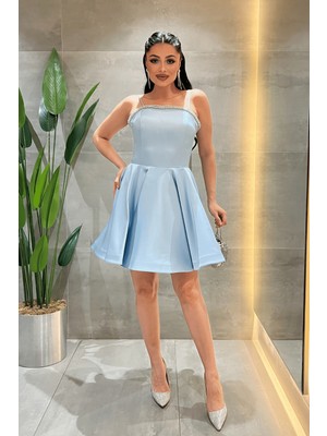 Giyimmasalı Saten Kumaş Taş Detaylı Mini Elbise - Bebe MAVİSİ-GYM-191
