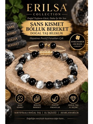 Erilsa Sertifikalı Şans Kısmet Bolluk Bereket Doğal Taş Bileklik - Siyah Beyaz Akik, Obsidyen